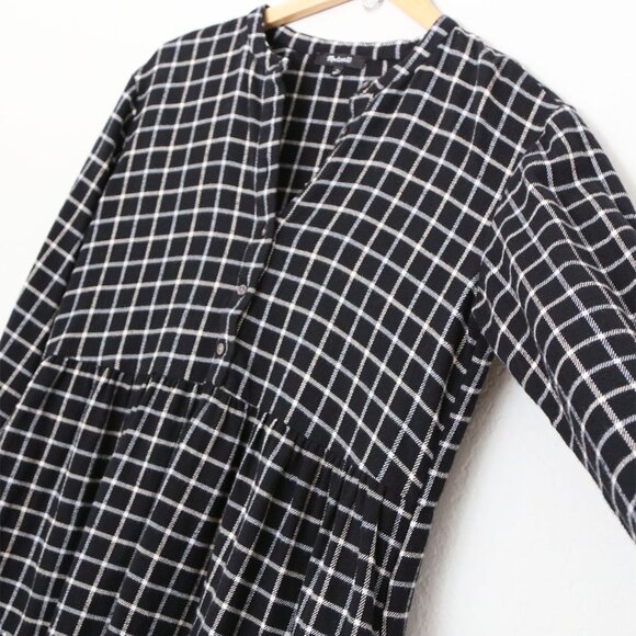 Madewell Flannel Button-Placket Tiered Mini Dress Windowpane Plaid Black S $118 - Picture 12 of 16